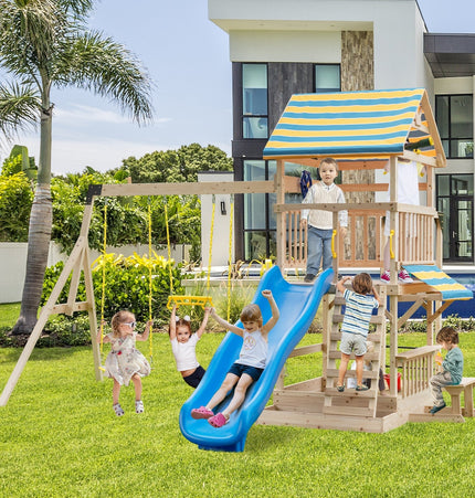 Wooden Swing Set with Large Upper Deck Slide, Steering Wheel, and Sandbox - | Patioza