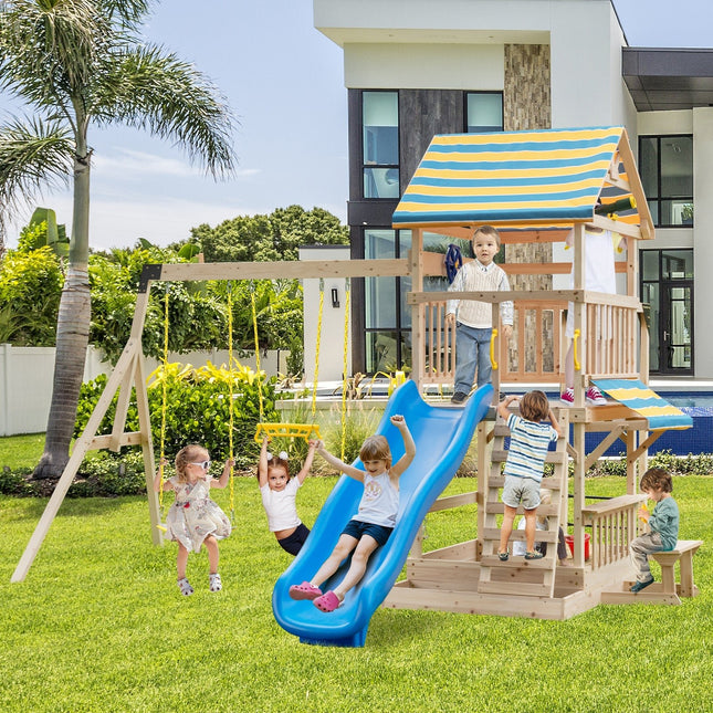Wooden Swing Set with Large Upper Deck Slide, Steering Wheel, and Sandbox - | Patioza