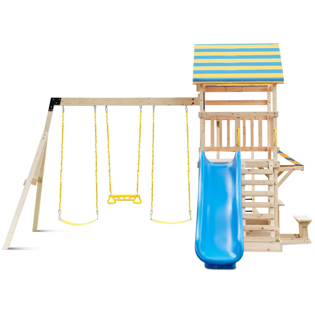 Wooden Swing Set with Large Upper Deck Slide, Steering Wheel, and Sandbox - | Patioza
