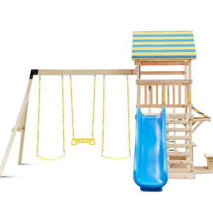Wooden Swing Set with Large Upper Deck Slide and Steering Wheel - Toys & Games | Patioza