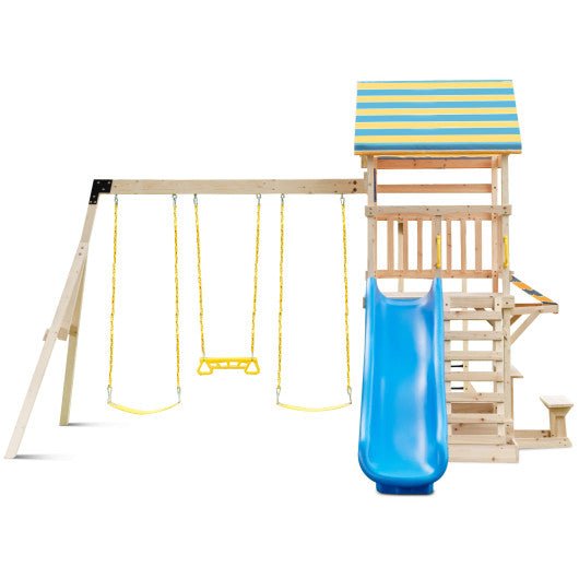 Wooden Swing Set with Large Upper Deck Slide and Steering Wheel - Toys & Games | Patioza