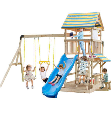 Wooden Swing Set with Large Upper Deck Slide, Steering Wheel, and Sandbox - | Patioza