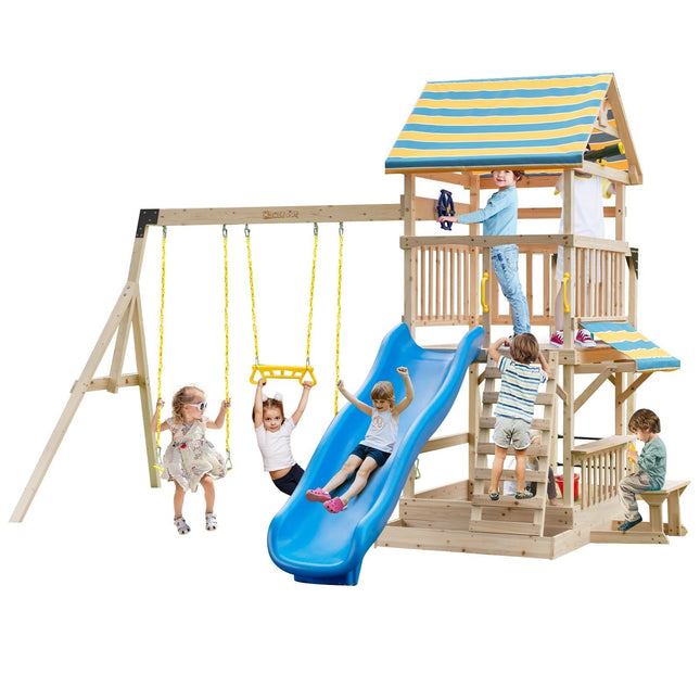 Wooden Swing Set with Large Upper Deck Slide, Steering Wheel, and Sandbox - | Patioza