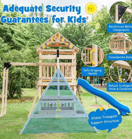 Wooden Swing Set with Large Upper Deck Slide, Steering Wheel, and Sandbox - | Patioza