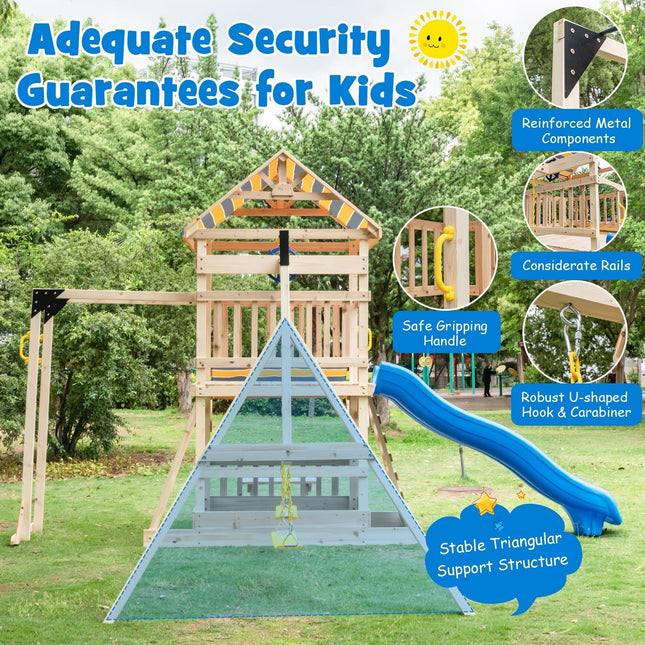 Wooden Swing Set with Large Upper Deck Slide, Steering Wheel, and Sandbox - | Patioza