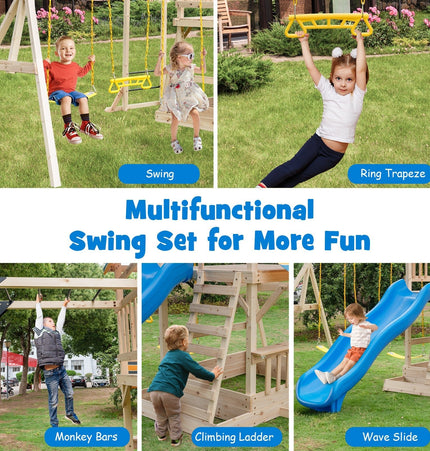 Wooden Swing Set with Large Upper Deck Slide, Steering Wheel, and Sandbox - | Patioza