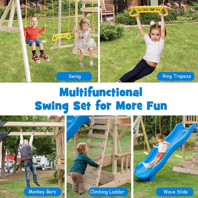 Wooden Swing Set with Large Upper Deck Slide, Steering Wheel, and Sandbox - | Patioza