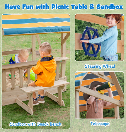 Wooden Swing Set with Large Upper Deck Slide, Steering Wheel, and Sandbox - | Patioza