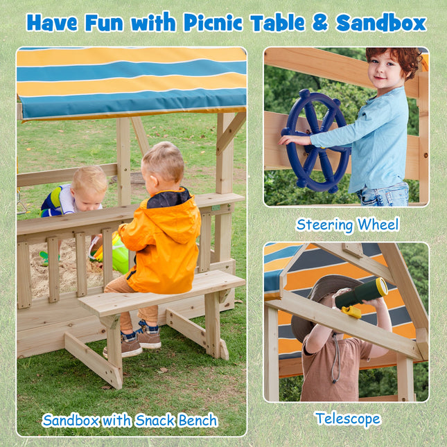 Wooden Swing Set with Large Upper Deck Slide, Steering Wheel, and Sandbox - | Patioza