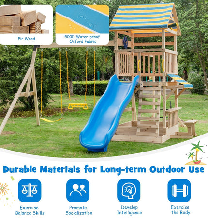 Wooden Swing Set with Large Upper Deck Slide, Steering Wheel, and Sandbox - | Patioza