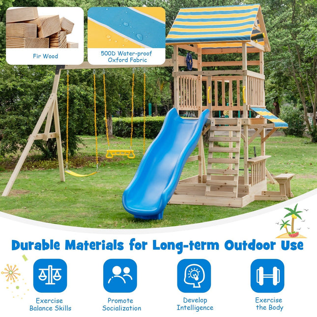 Wooden Swing Set with Large Upper Deck Slide, Steering Wheel, and Sandbox - | Patioza