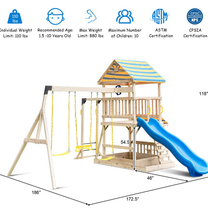 Wooden Swing Set with Large Upper Deck Slide, Steering Wheel, and Sandbox - | Patioza