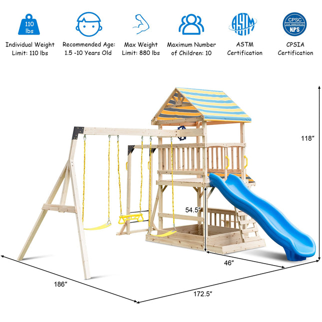 Wooden Swing Set with Large Upper Deck Slide, Steering Wheel, and Sandbox - | Patioza