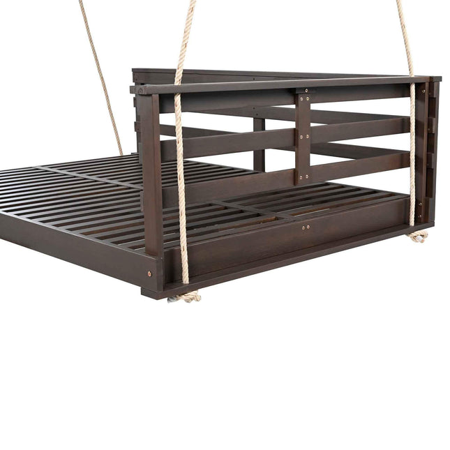 Acacia Wood Porch Swing Bed for Outdoor with Hemp Ropes - Full Size - Garden | Patioza