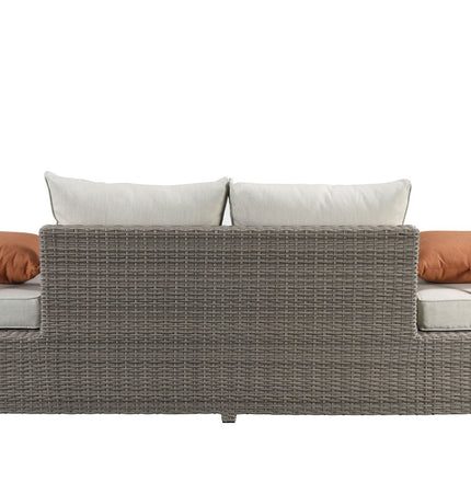 Salena - All Weather Wicker Patio Sofa & Ottoman With 2 Toss Pillows - Beige / Gray - 2 Piece Outdoor Sets | Patioza