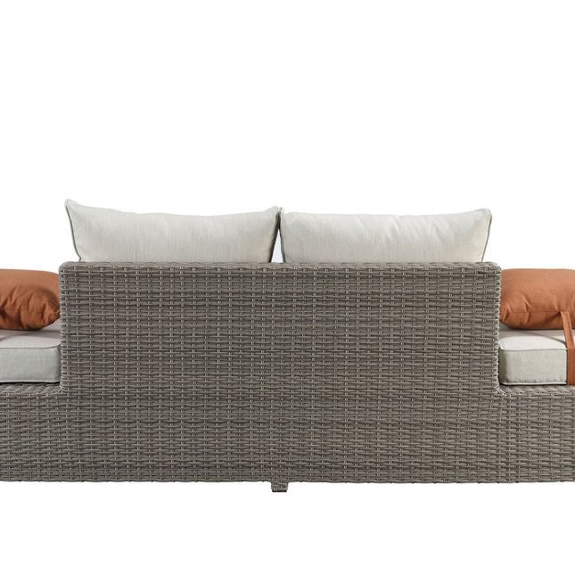 Salena - All Weather Wicker Patio Sofa & Ottoman With 2 Toss Pillows - Beige / Gray - 2 Piece Outdoor Sets | Patioza