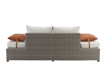 Salena - All Weather Wicker Patio Sofa & Ottoman With 2 Toss Pillows - Beige / Gray - 2 Piece Outdoor Sets | Patioza