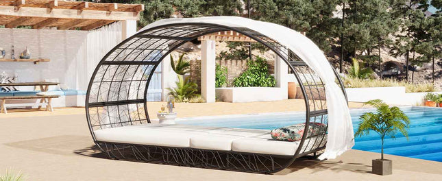 90.55" Outdoor Patio Daybed with Curtain, Sunbed with Cushion and - Furniture | Patioza
