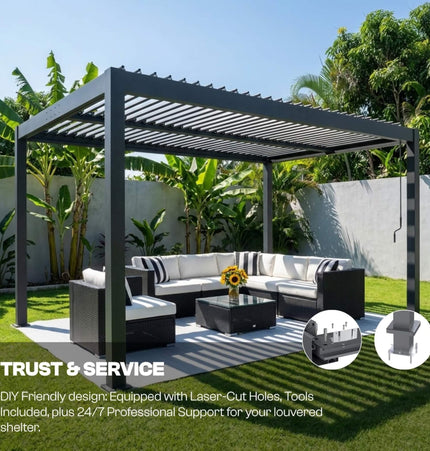 Alora Aluminum Louvered Pergola Kit With Adjustable Roof & Drainage (SAK94316) - Canopies & Gazebos | Patioza