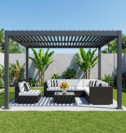 Alora Aluminum Louvered Pergola Kit With Adjustable Roof & Drainage (SAK94316) - Canopies & Gazebos | Patioza