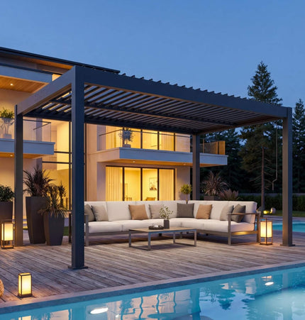 Alora Aluminum Louvered Pergola Kit With Adjustable Roof & Drainage (SAK94316) - Canopies & Gazebos | Patioza