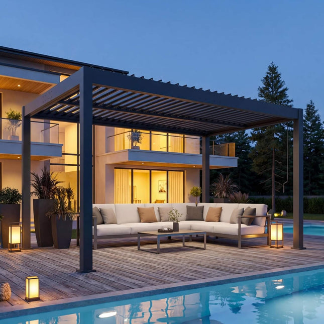 Alora Aluminum Louvered Pergola Kit With Adjustable Roof & Drainage (SAK94316) - Canopies & Gazebos | Patioza