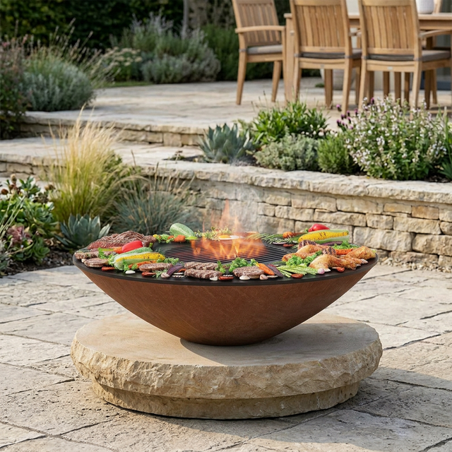 Arteflame fire bowl elevated on a separate stone pedestal in an outdoor terrace