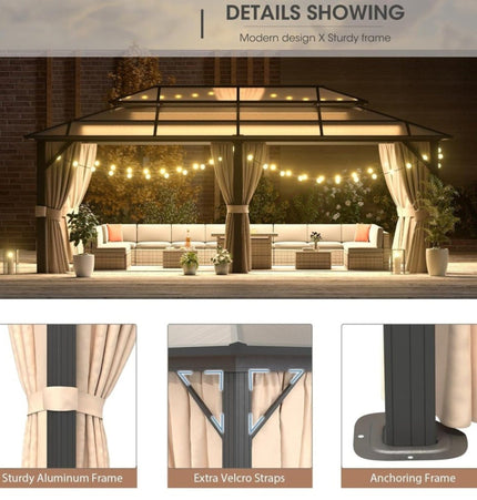 [12X20FT] Alora Premium Aluminum Outdoor Polycarbonate Hardtop Gazebo With UV Protection, Netting & Curtains (96815273) - Gazebos | Patioza