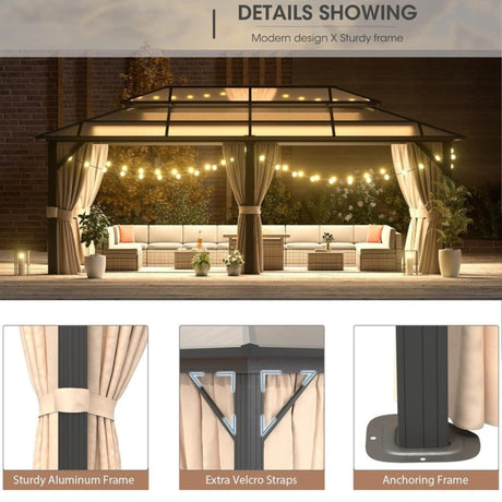 [12X20FT] Alora Premium Aluminum Outdoor Polycarbonate Hardtop Gazebo With UV Protection, Netting & Curtains (96815273) - Gazebos | Patioza
