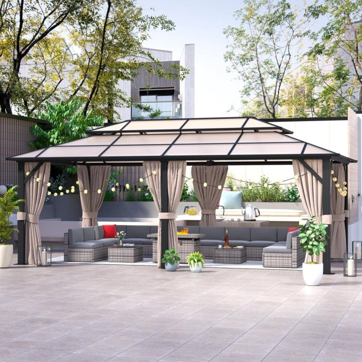 [12X20FT] Alora Premium Aluminum Outdoor Polycarbonate Hardtop Gazebo With UV Protection, Netting & Curtains (96815273) - Gazebos | Patioza