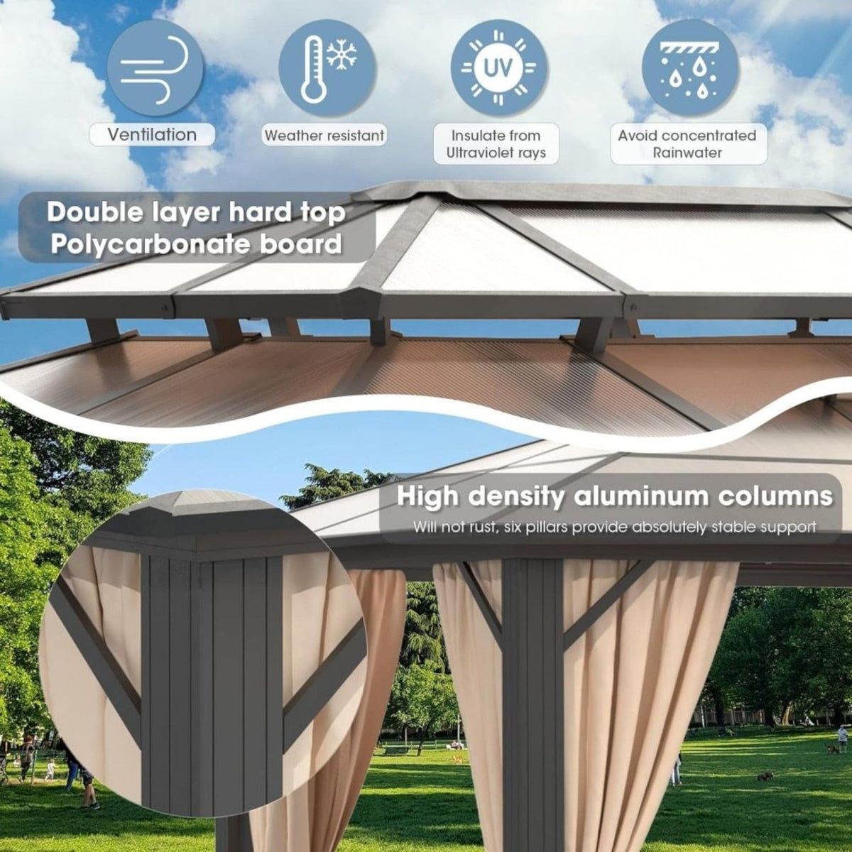 [12X20FT] Alora Premium Aluminum Outdoor Polycarbonate Hardtop Gazebo With UV Protection, Netting & Curtains (96815273) - Gazebos | Patioza