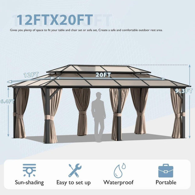 [12X20FT] Alora Premium Aluminum Outdoor Polycarbonate Hardtop Gazebo With UV Protection, Netting & Curtains (96815273) - Gazebos | Patioza
