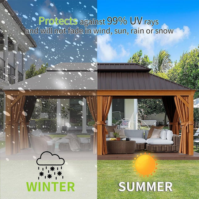 [12X20FT] Alora Premium Large Aluminum Hardtop Gazebo W/ Netting, Privacy Curtains And Wood Grain Finish (SAK58374) - Gazebos | Patioza