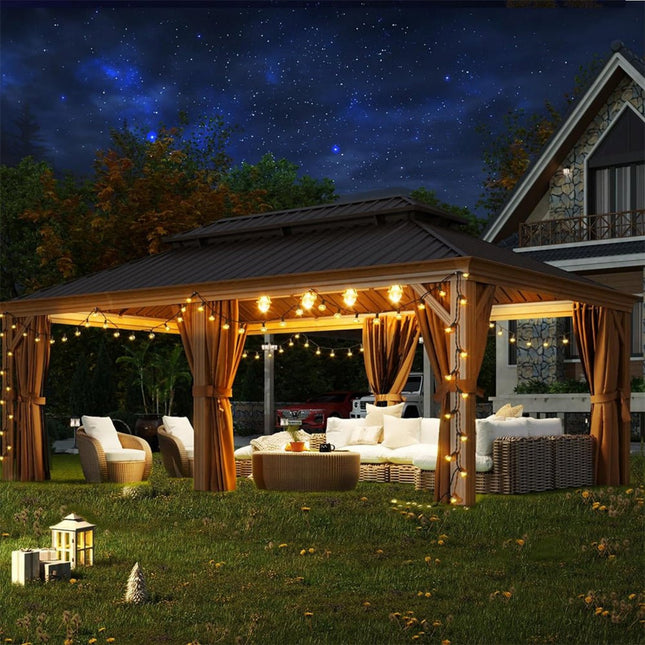 [12X20FT] Alora Premium Large Aluminum Hardtop Gazebo W/ Netting, Privacy Curtains And Wood Grain Finish (SAK58374) - Gazebos | Patioza