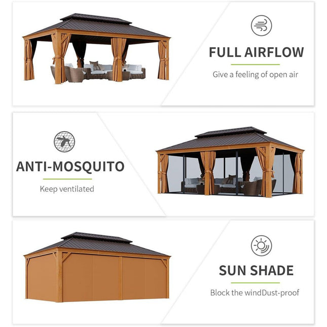 [12X20FT] Alora Premium Large Aluminum Hardtop Gazebo W/ Netting, Privacy Curtains And Wood Grain Finish (SAK58374) - Gazebos | Patioza