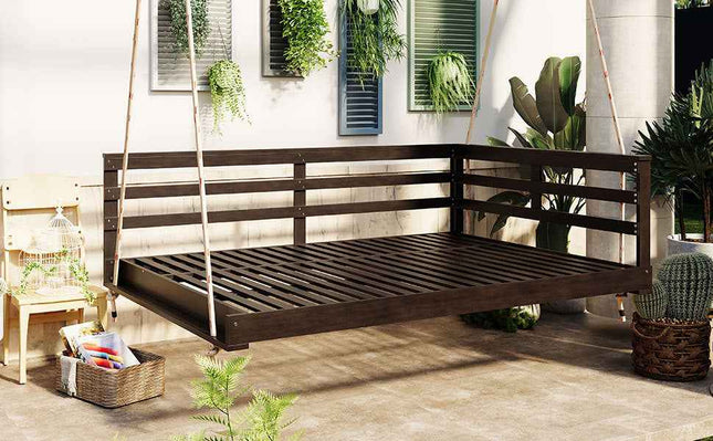 Acacia Wood Porch Swing Bed for Outdoor with Hemp Ropes - Full Size - Garden | Patioza