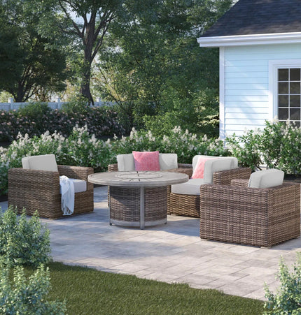 Patio Seating Group For 4 With Cushions And Fire Pit Table - Brown