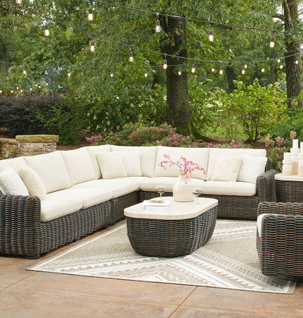 Kimora - 7 Pc. - 4-Piece Outdoor Sectional, Swivel Glider Lounge, Cocktail Table, End Table - Beige / Dark Brown - 7 Piece Outdoor Sets | Patioza