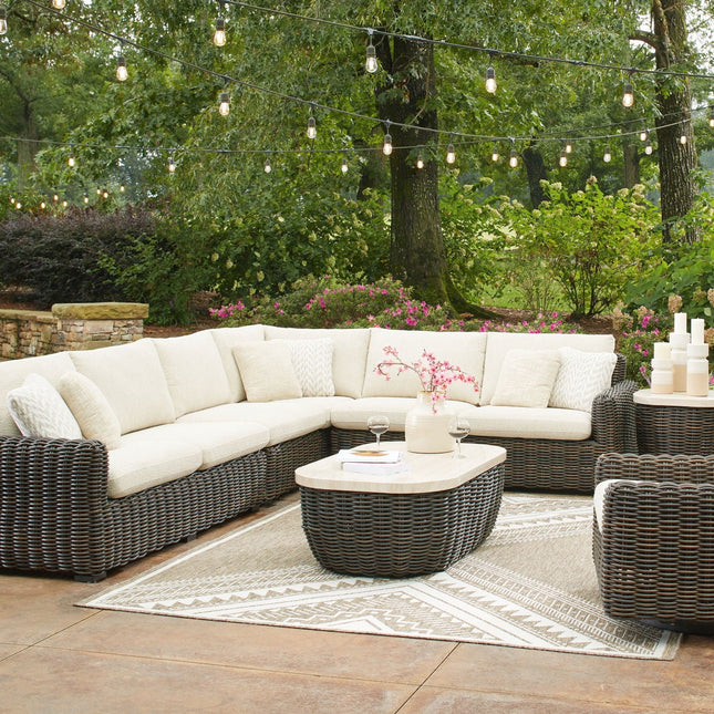 Kimora - 7 Pc. - 4-Piece Outdoor Sectional, Swivel Glider Lounge, Cocktail Table, End Table - Beige / Dark Brown - 7 Piece Outdoor Sets | Patioza