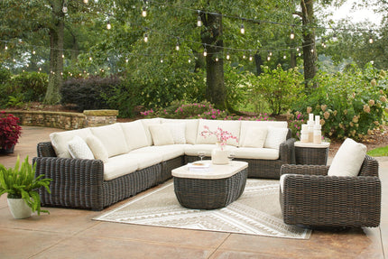Kimora - 7 Pc. - 4-Piece Outdoor Sectional, Swivel Glider Lounge, Cocktail Table, End Table - Beige / Dark Brown - 7 Piece Outdoor Sets | Patioza