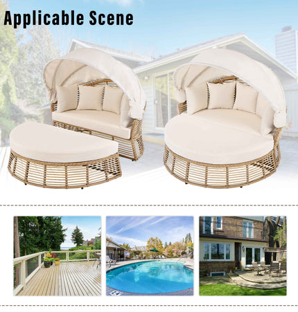 Outdoor Patio Rattan Round Daybed with Retractable Canopy, Wicker - Furniture | Patioza