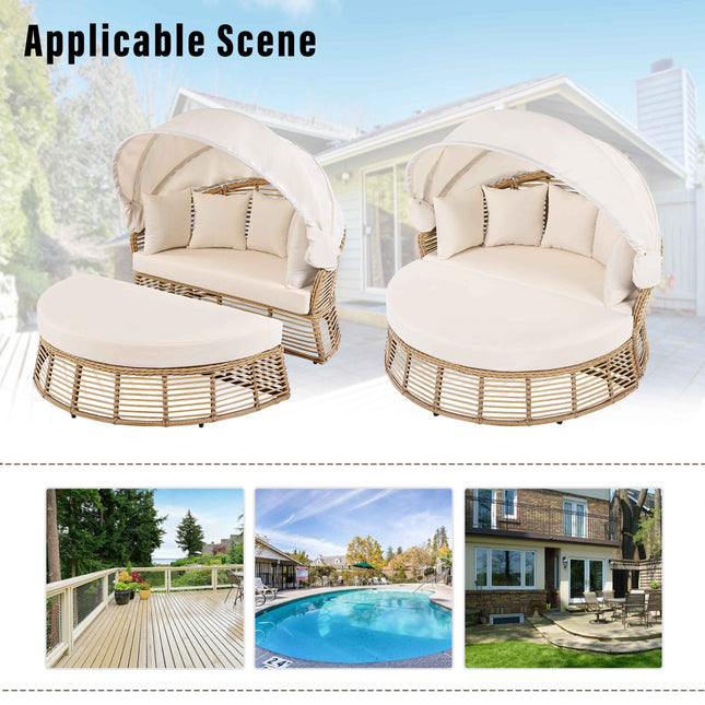 Outdoor Patio Rattan Round Daybed with Retractable Canopy, Wicker - Furniture | Patioza