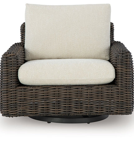 Kimora - 7 Pc. - 4-Piece Outdoor Sectional, Swivel Glider Lounge, Cocktail Table, End Table - Beige / Dark Brown - 7 Piece Outdoor Sets | Patioza