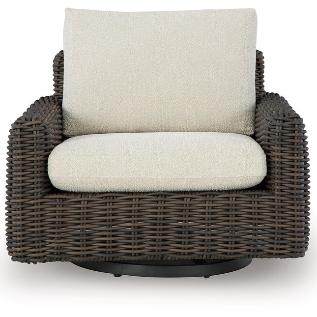 Kimora - 7 Pc. - 4-Piece Outdoor Sectional, Swivel Glider Lounge, Cocktail Table, End Table - Beige / Dark Brown - 7 Piece Outdoor Sets | Patioza