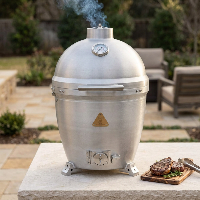 Blaze kamado with closed lid and charcoal smoke rising from the top vent