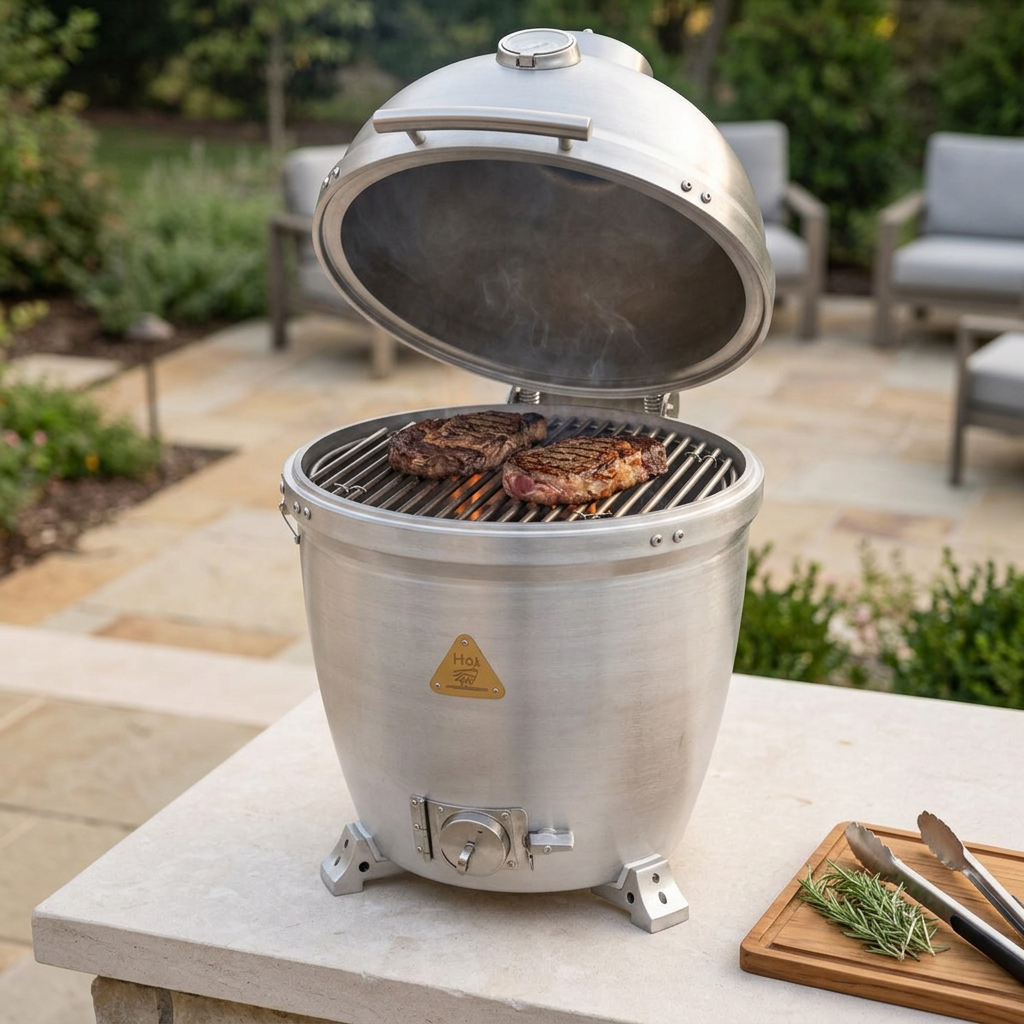 Blaze kamado with open lid and steaks cooking on a backyard patio island