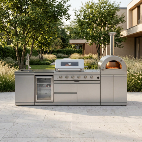 Blazon outdoor kitchen island on a landscaped residential terrace