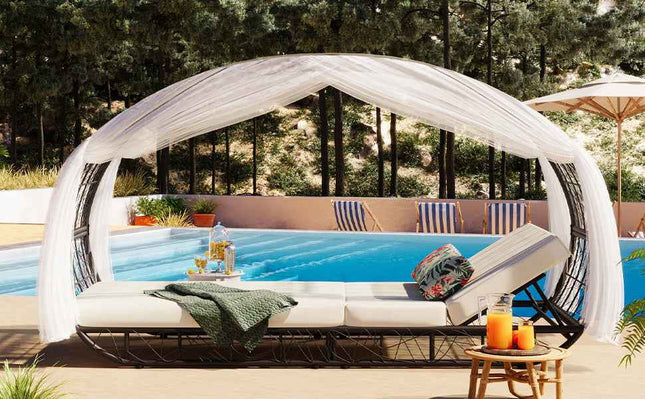 90.55" Outdoor Patio Daybed with Curtain, Sunbed with Cushion and - Furniture | Patioza