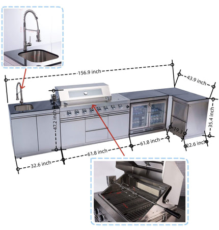 Castelle Flame Montclair 58-Inch 6-Burner 96K BTU Gas Outdoor Liquid Propane Grill Island With Wine Cooler And Rotisserie (SAK31642)