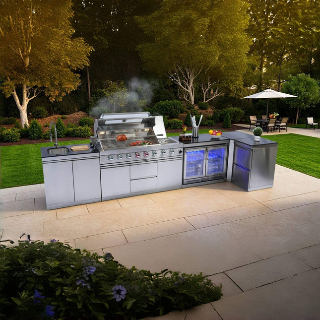 Castelle Flame Montclair 58-Inch 6-Burner 96K BTU Gas Outdoor Liquid Propane Grill Island With Wine Cooler And Rotisserie (SAK31642) - Outdoor Kitchen Islands | Patioza